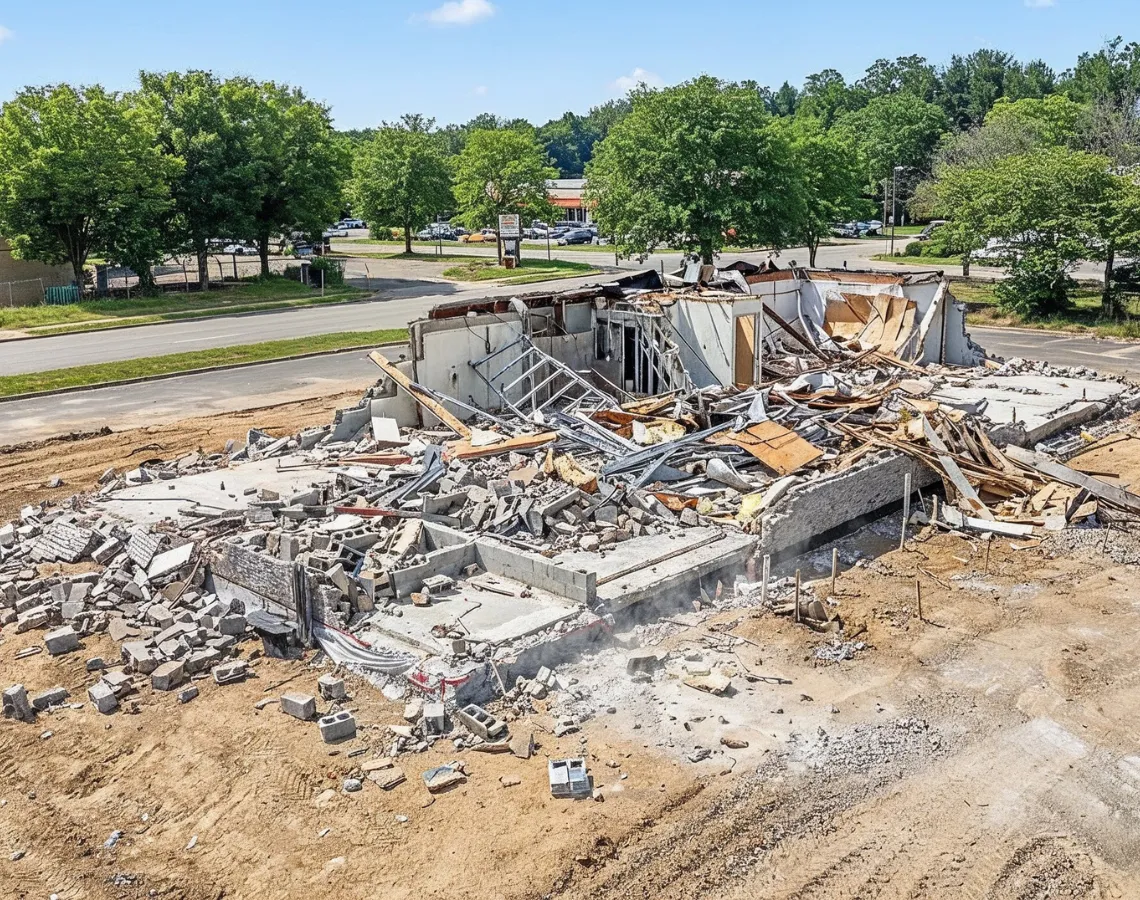 Commercial demolition in Dallas TX with large building structure removed and cleared job site