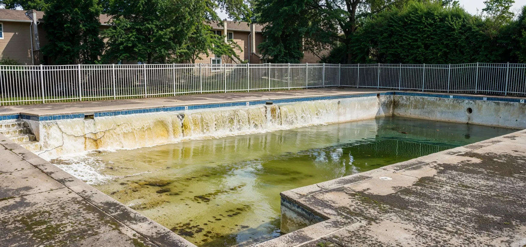 Old damaged swimming pool before demolition in Dallas TX with cracks and algae buildup