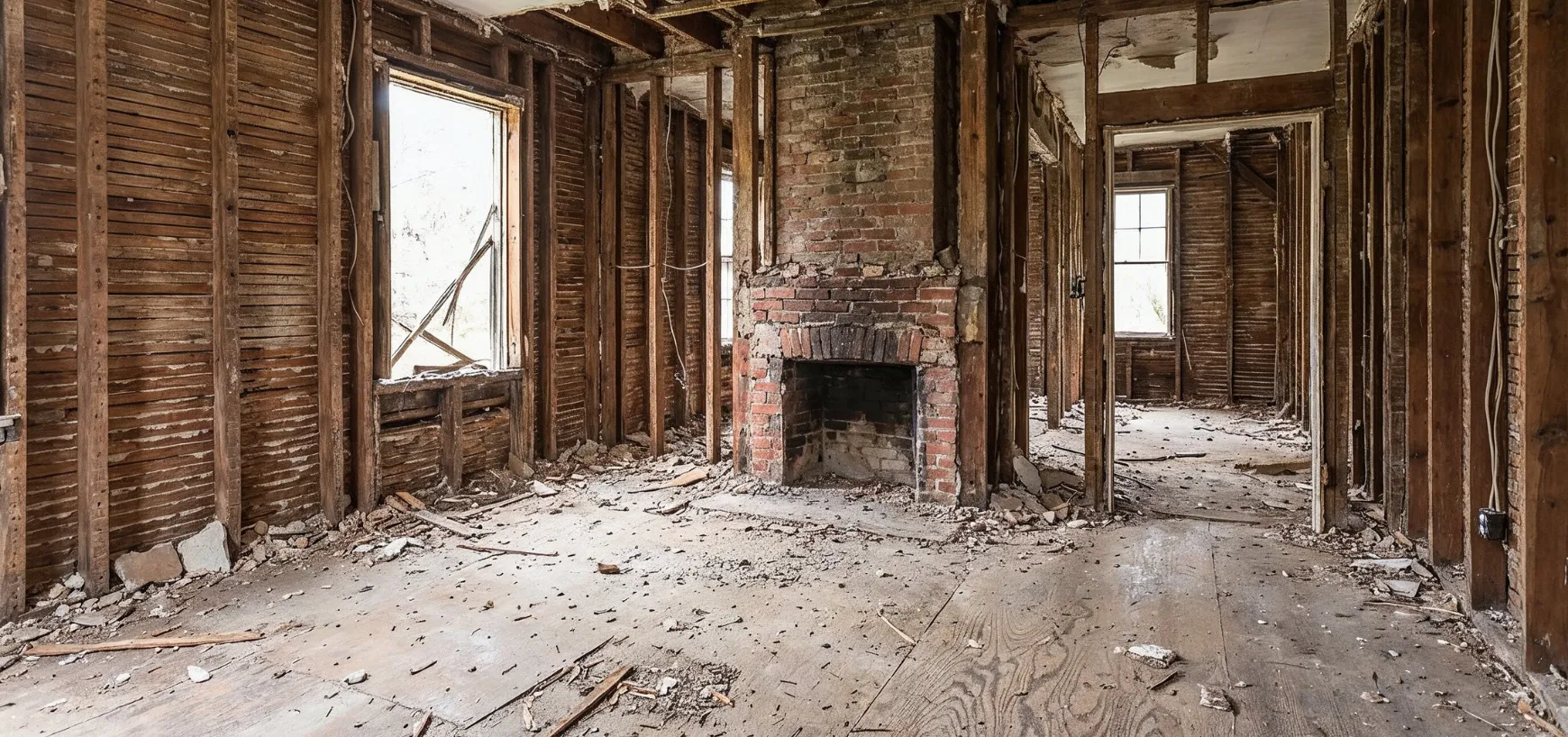 Residential interior demolition completed in Dallas TX with exposed framing and cleared space for renovation