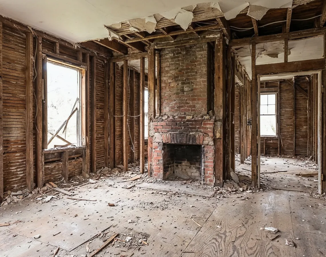 Residential interior demolition in Dallas TX showing stripped walls framing and full home gut renovation